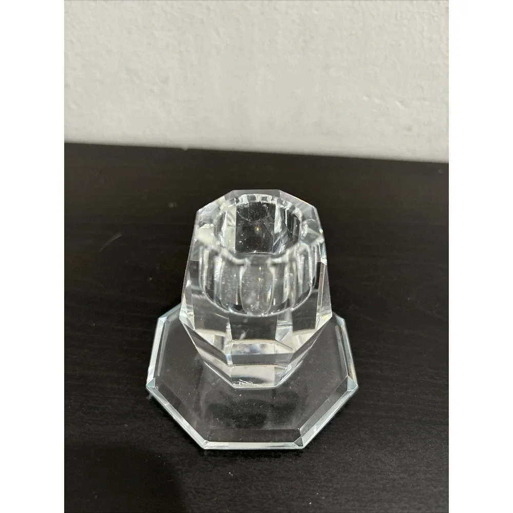 Signed Oleg Cassini Set of 2 Crystal Candle Holders Clear Hexagon